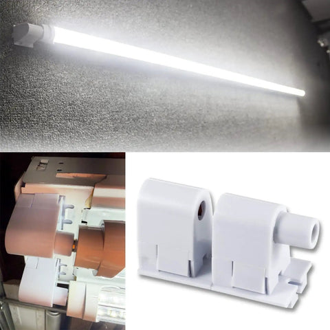 Plug And Play Fa8 Tombstone Lamp Holder With Single Pin T8 Socket Connector Fit T10 And T12 Fluorescent Tubes UL Listed, showing lamp holder and fluorescent tubes.