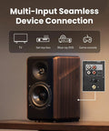 S2000MKIII High Fidelity Studio Monitor Speakers, coaxial tweeter, 5.5 inch woofers, walnut, showing multi-input connections