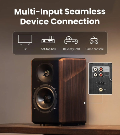 S2000MKIII High Fidelity Studio Monitor Speakers, coaxial tweeter, 5.5 inch woofers, walnut, showing multi-input connections