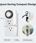 Indoor Mini 24 Hour Mechanical Outlet Timer With 30 Minute Intervals 3 Prong Plug 2 Pack Light Schedule For Lamps Small Appliances ETL Certified showing compact design and dimensions.