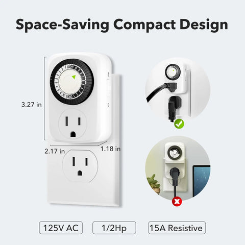 Indoor Mini 24 Hour Mechanical Outlet Timer With 30 Minute Intervals 3 Prong Plug 2 Pack Light Schedule For Lamps Small Appliances ETL Certified showing compact design and dimensions.