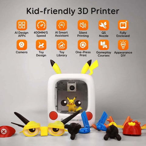 AI Powered 3D Printer For Kids With 8 PLA Filament Set And AI Design App featuring toy creations and control options