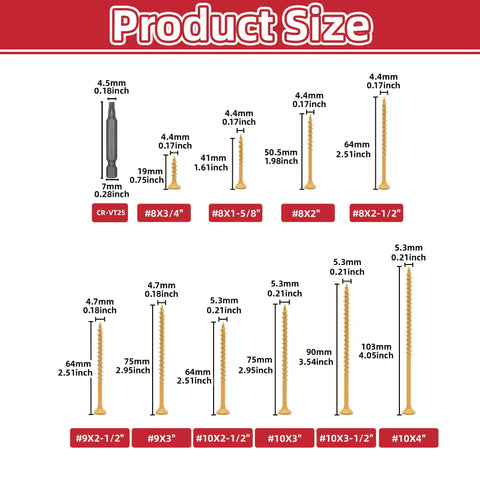 Product size guide for Tan Epoxy Coated Wood Screws Kit With Torx Drive Flat Head Self Tapping 9x2-1/2 Inch for decks and fences