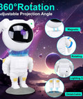 Astronaut-themed projector with 360° rotation and features, against a nebula background.