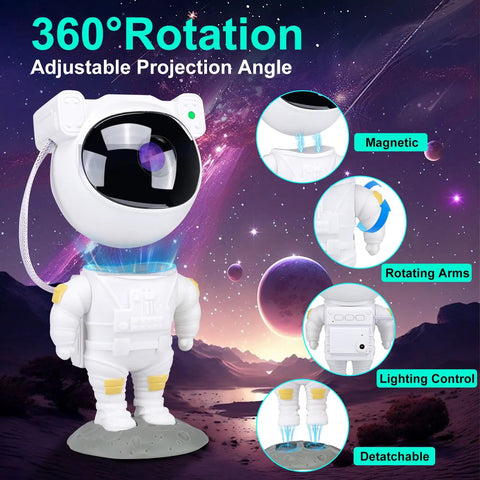 Astronaut-themed projector with 360° rotation and features, against a nebula background.