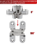 4 Pack Hidden Hinges For Cabinet Doors Zinc Alloy Invisible Hinge 180 Degree Swing Hidden Door Hardware showing open position