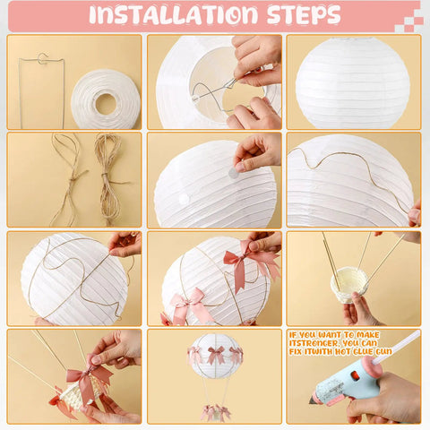 Installation steps for Six Pink Bow Hot Air Balloon Table Centerpieces Set With 9.8 Inch Paper Lanterns and accessories