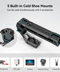 Lightweight NATO Top Handle For DSLR Camera Cages With Quick Release, shown with five cold shoe adapters, black aluminum body.
