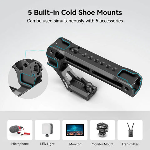 Lightweight NATO Top Handle For DSLR Camera Cages With Quick Release, shown with five cold shoe adapters, black aluminum body.