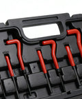 Professional Thread Repair Kit With Precision M5 To M12 Inserts on organized black tray with red handles.