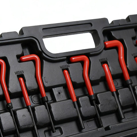 Professional Thread Repair Kit With Precision M5 To M12 Inserts on organized black tray with red handles.
