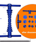 Pro Grade Bike Bearing Press Kit With 35 Adapters showing disassembled blue press tool and adapters with dimensions.