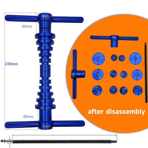 Pro Grade Bike Bearing Press Kit With 35 Adapters showing disassembled blue press tool and adapters with dimensions.