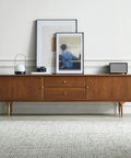 Top Shelf Retro TV Stand Featuring Two Spacious Drawers And Dual Wood Locker Doors Paired With Heavy Duty Media Console and No Sweat Storage Cabinet in brown wood.