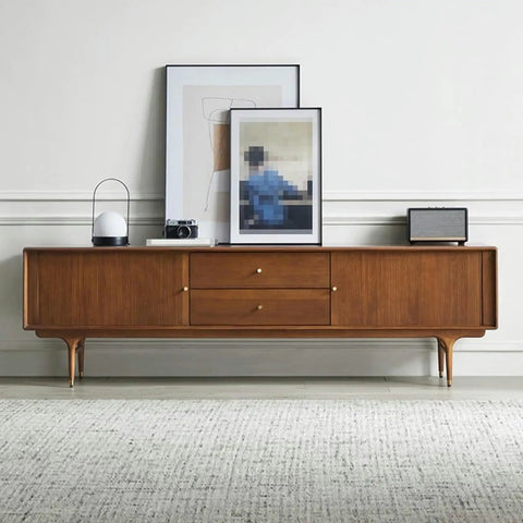 Top Shelf Retro TV Stand Featuring Two Spacious Drawers And Dual Wood Locker Doors Paired With Heavy Duty Media Console and No Sweat Storage Cabinet in brown wood.