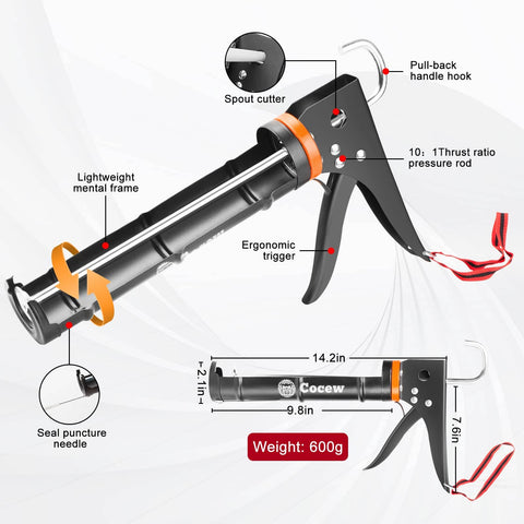 All In One DIY Friendly Caulking And Sealing Kit With Smooth Silicone Caulking Gun detailed measurements and features shown