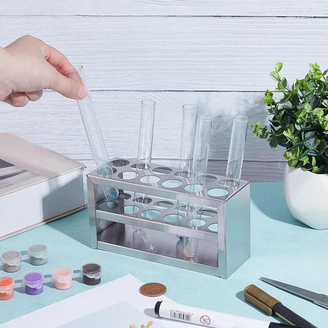 Person placing test tube in Stainless Steel 12 Hole Test Tube Rack 21mm Diameter Three Tier Lab Stand for Classroom and School Use