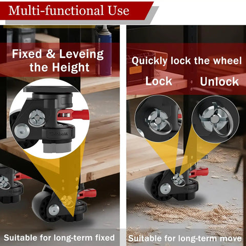 Heavy Duty Leveling Casters With Quick Lock Brakes, 4800 Lb Load Rating, Set Of Four Adjustable Height Wheels displayed locking mechanism for height adjustment.