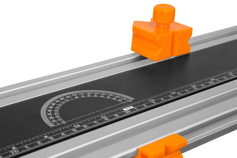 Close-up of Height Adjustable Tilting Steel Work Bench With Vise, featuring ruler and protractor, showcasing precise measuring components.