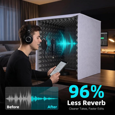 28 Inch Portable Soundproof Recording Booth Foldable Microphone Isolation Shield Hella Quiet Acoustic Vocal Booth in use.