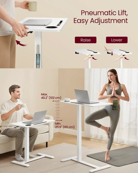 Overbed Table With Wheels Adjustable Height Standing Desk For Home Office Or Hospital Use 27.6 x 15.7 Inch Tabletop Cloud White