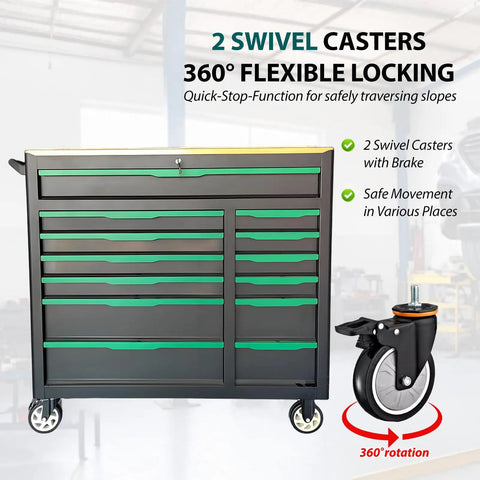 13 Drawer Rolling Tool Cart With Wood Worktop, Lockable Steel Tool Cabinet On Brake Casters, Illustration of Swivel Casters
