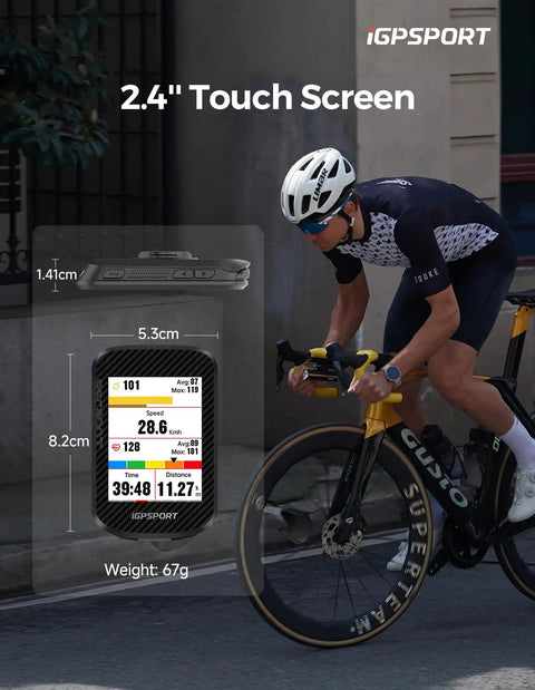 Cyclist using BSC300T Wireless Bike Computer GPS With Two Point Four Inch Touch Screen, showcasing screen size and dimensions.