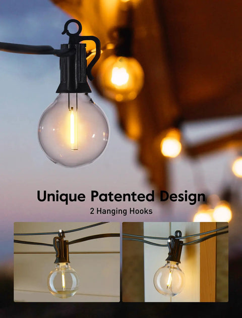 Close-up of glowing bulb in 69 Foot G40 Globe Outdoor String Lights With 32 Edison Bulbs Plus 2 Spares Waterproof Connectable Patio Porch Balcony Christmas Backyard Decor Dimmable Energy Saving E12 Candelabra Base Ideal For Parties And Holidays.