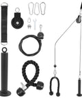 Home Gym Pulley System For DIY Loading Muscle Training Kit with black cable, handles, pulley wheel and attachments