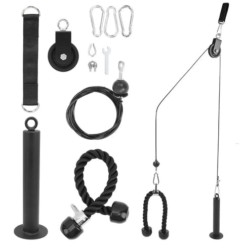 Home Gym Pulley System For DIY Loading Muscle Training Kit with black cable, handles, pulley wheel and attachments