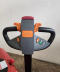 Built Tough Electric Pallet Stacker Packing 2600 Lbs Capacity Boasting Quick 118 Inch Lift Height control handle with buttons and LED indicator.