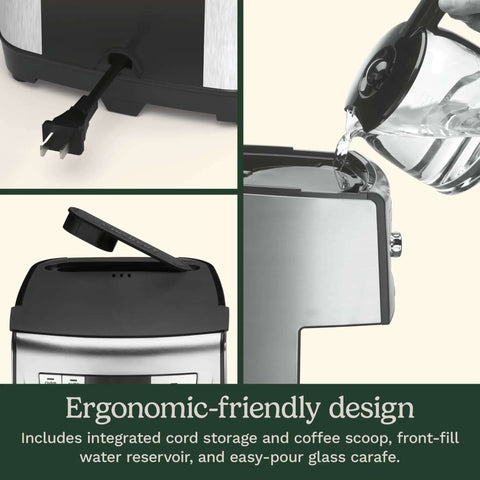 14 Cup PerfecTemp Programmable Coffee Maker With Glass Carafe And 1 4 Cup Setting Brew Strength Control Brew Pause And Over Ice Function In Black Stainless Steel, showing integrated cord storage, water being poured and front-fill water reservoir.