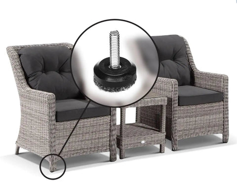 Eight Pack Outdoor Adjustable Furniture Levelers Berber Glide Feet for patio chairs with weatherproof screw-in detail.