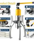 Heavy Duty Hydraulic Bearing Puller With 10 Ton Capacity For Knuckle Saver Auto Repair showing center pin, pressure switch, and alloy steel claws.