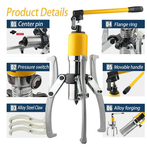 Heavy Duty Hydraulic Bearing Puller With 10 Ton Capacity For Knuckle Saver Auto Repair showing center pin, pressure switch, and alloy steel claws.