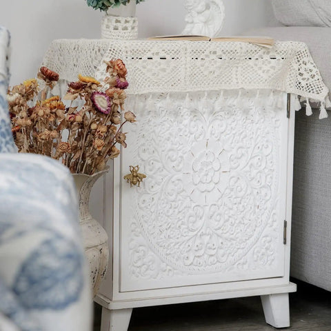 White cabinet with intricate floral design and Set Of 6 Vintage Gold Zinc Bee Shape Cabinet Knobs For Doors Drawers And Dressers With Decorative Metal Hardware Pulls For Home Furniture In Antique European Style on the door