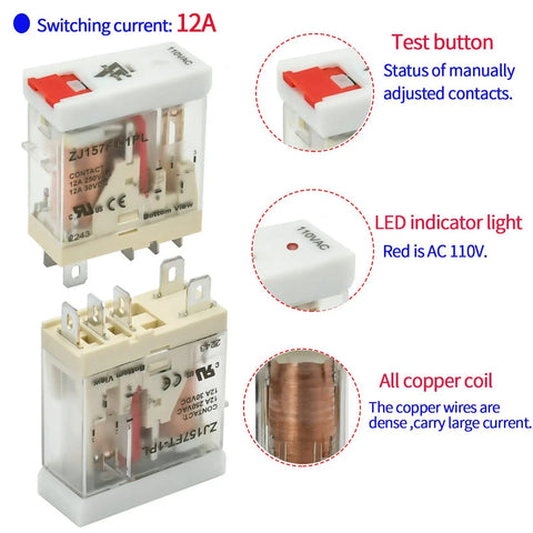 Six Pack 12 Amp 110V Electromagnetic Relay With Handy Test Switch LED Indicator 1NO 1NC SPDT DPDT 5 Pin Socket Base DIN Rail Mount Screw