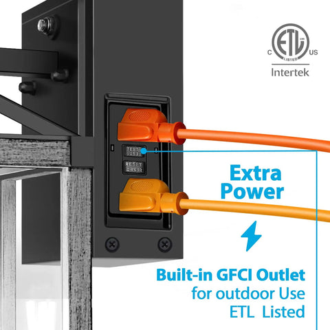Close-up of dusk to dawn outdoor wall light with GFCI outlet, showing two power cords plugged in, ETL listed.