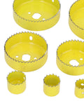 16 Piece Hole Saw Kit With High Speed Steel Cutting Tools Made For Electricians And Workshop Pros Who Wanna Cut Cleanly Through Wood And Metal Without Breaking A Sweat Or Spending All Day On The Job, yellow HSS saw cups