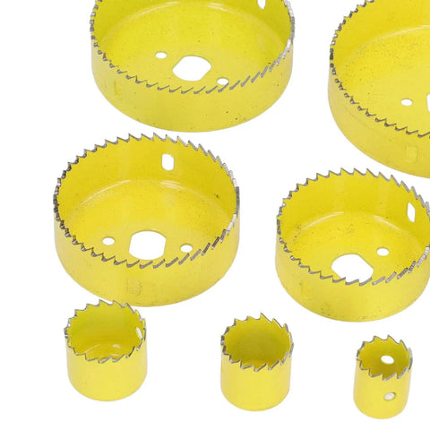 16 Piece Hole Saw Kit With High Speed Steel Cutting Tools Made For Electricians And Workshop Pros Who Wanna Cut Cleanly Through Wood And Metal Without Breaking A Sweat Or Spending All Day On The Job, yellow HSS saw cups
