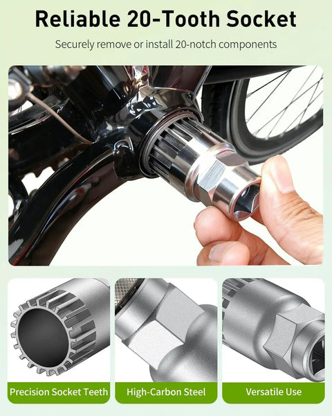 Pro Grade Heavy Duty Bicycle Crank Puller Set for Square Taper Shimano Octalink ISIS 20 Tooth Socket in use on bike
