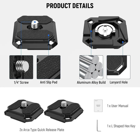38mm Arca Type Quick Release Camera Plate with anti-slip pad, aluminum alloy build, and L-shaped hex key for strap and tripod setup