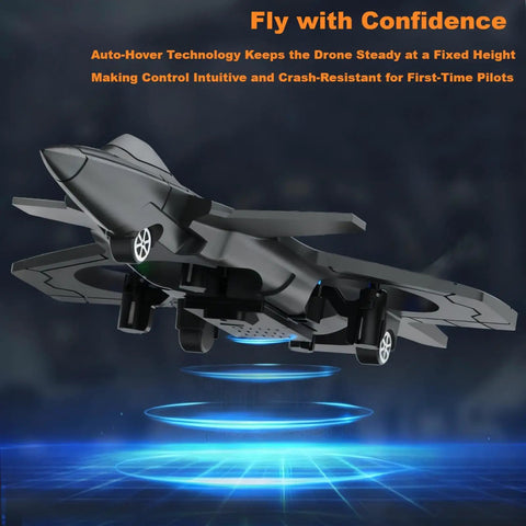 Close-up of F47 RC Fighter Drone For Kids with blue LED lights, showing altitude hold feature, Super Easy To Fly Remote Control Jet.