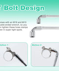 Stainless Steel T Bolt Hose Clamp Kit 32 Piece Set With Six Size Ranges 17 To 19mm 20 To 22mm 23 To 25mm 26 To 28mm 29 To 31mm 32 To 35mm Heavy Duty Adjustable Tube Clamps With M8 And M10 Socket Wrenches with wrench demonstration on tube.