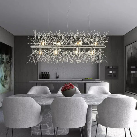 Dining room with Modern Crystal Firework Chandelier, Linear LED Pendant Light For Dining Room, Bedroom And Living Room, Chrome Dandelion Fixture, 12 Light, 35.5 Inch, Romantic Starry Sky Ambience, Lit Ultra Bright Glow