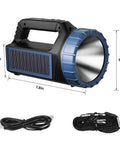 Go To Solar Powered Flashlight With 8000 Lumens Emergency Portable Camping Light, black and blue, with USB-C cable and strap