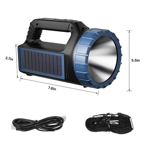 Go To Solar Powered Flashlight With 8000 Lumens Emergency Portable Camping Light, black and blue, with USB-C cable and strap