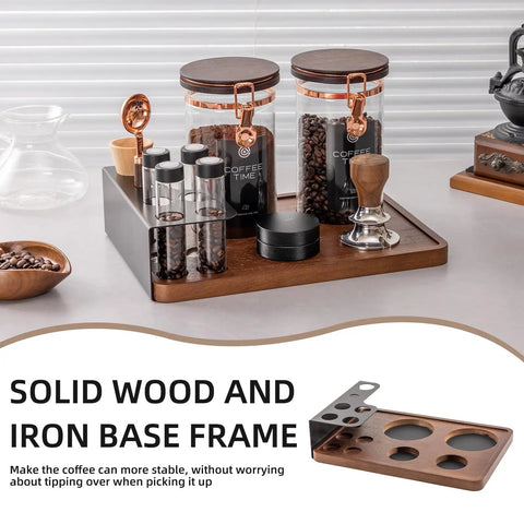 Keep Your Beans Locked Away In This Coffee Canister Set With Two Sealed Glass Jars With One Way Degassing Valves And Dark Blocking Lids Includes Four Dosing Tubes Measuring Spoon Funnel And Sturdy Rack For Your Daily Grind Routine displayed on a wood and metal storage tray.