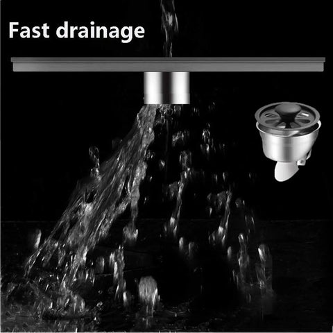 Heavy Duty Linear Shower Drain With Quick Swap Hair Strainer And Rust Proof 304 Stainless Steel Sleek Low Profile showing fast drainage.