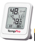All In One Digital Hygrometer Indoor Thermometer With IPX5 Waterproof For Ultra Accurate Temperature And Humidity Readouts Pro Grade For Greenhouses Grow Rooms And Home Climate Monitoring white digital display with AAA battery
